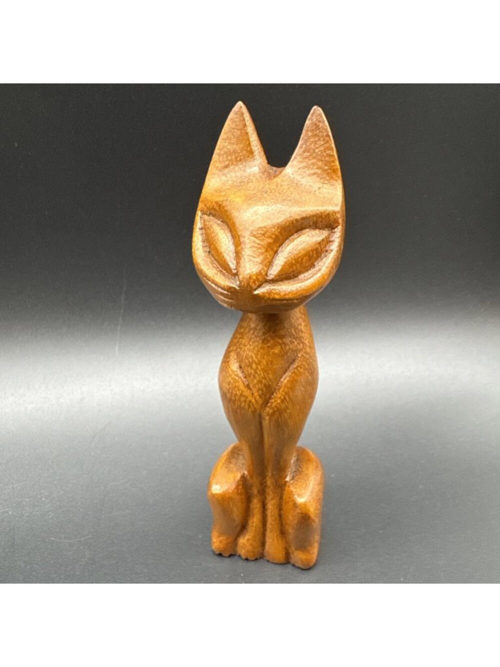 VTG Carved Wood Teak Big Eyed Siamese Cat Sculpture MCM 5” Mini Shelf Sitter